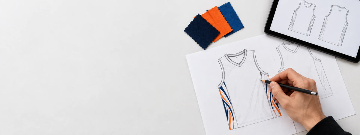 Designer drawing a basketball uniform beside fabric color swatches