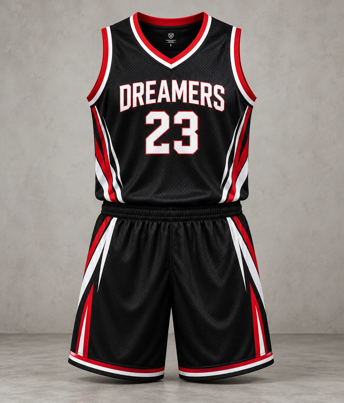 Red and black design basketball jersey and shorts