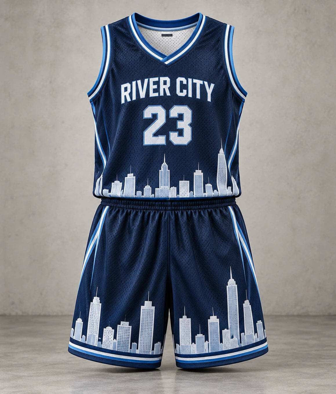 Navy city design basketball jersey and shorts