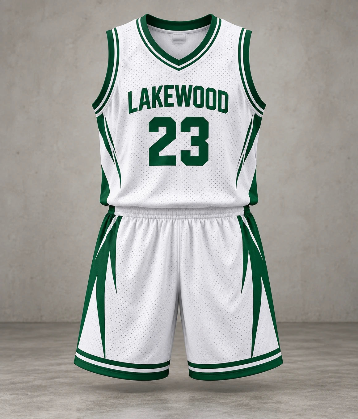 Green and white design basketball jersey and shorts