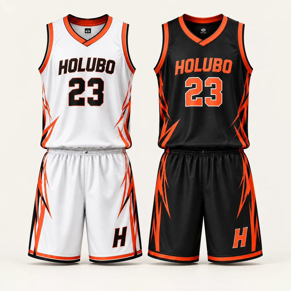 Light and dark front views of the same reversible jersey and shorts set