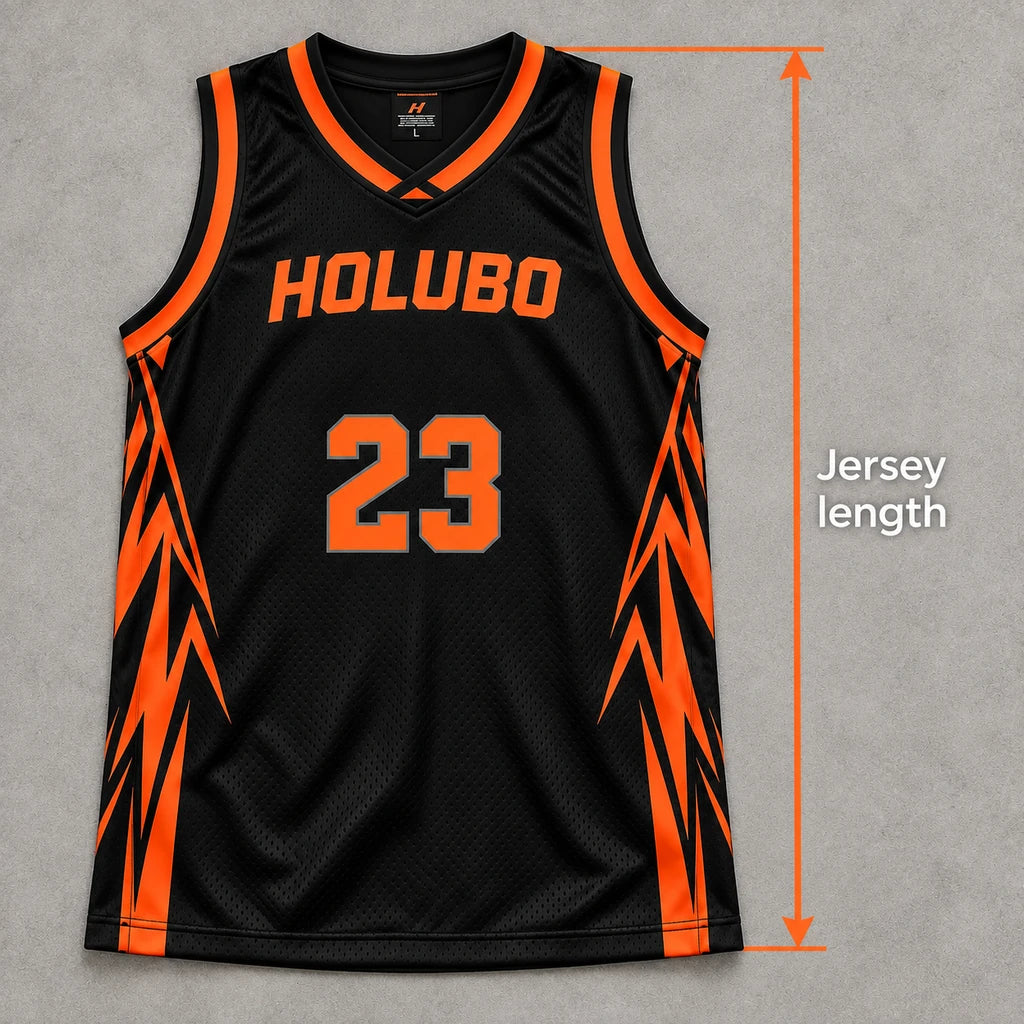 A jersey laid flat, showing length measured from the highest shoulder point to the hem