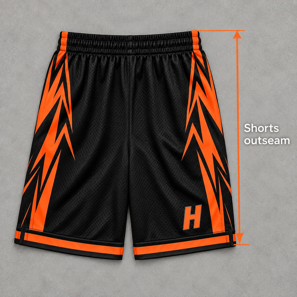 Shorts laid flat, showing the outside length from the top of the waistband to the hem