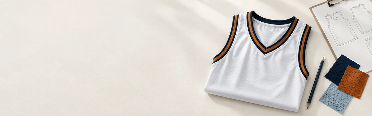 Basketball uniform design materials and fabric swatches on a light studio worktable