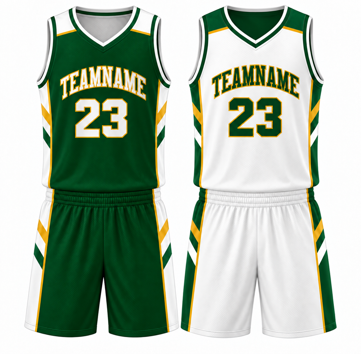 Green and white basketball uniforms with yellow accents, shown in two colorways.