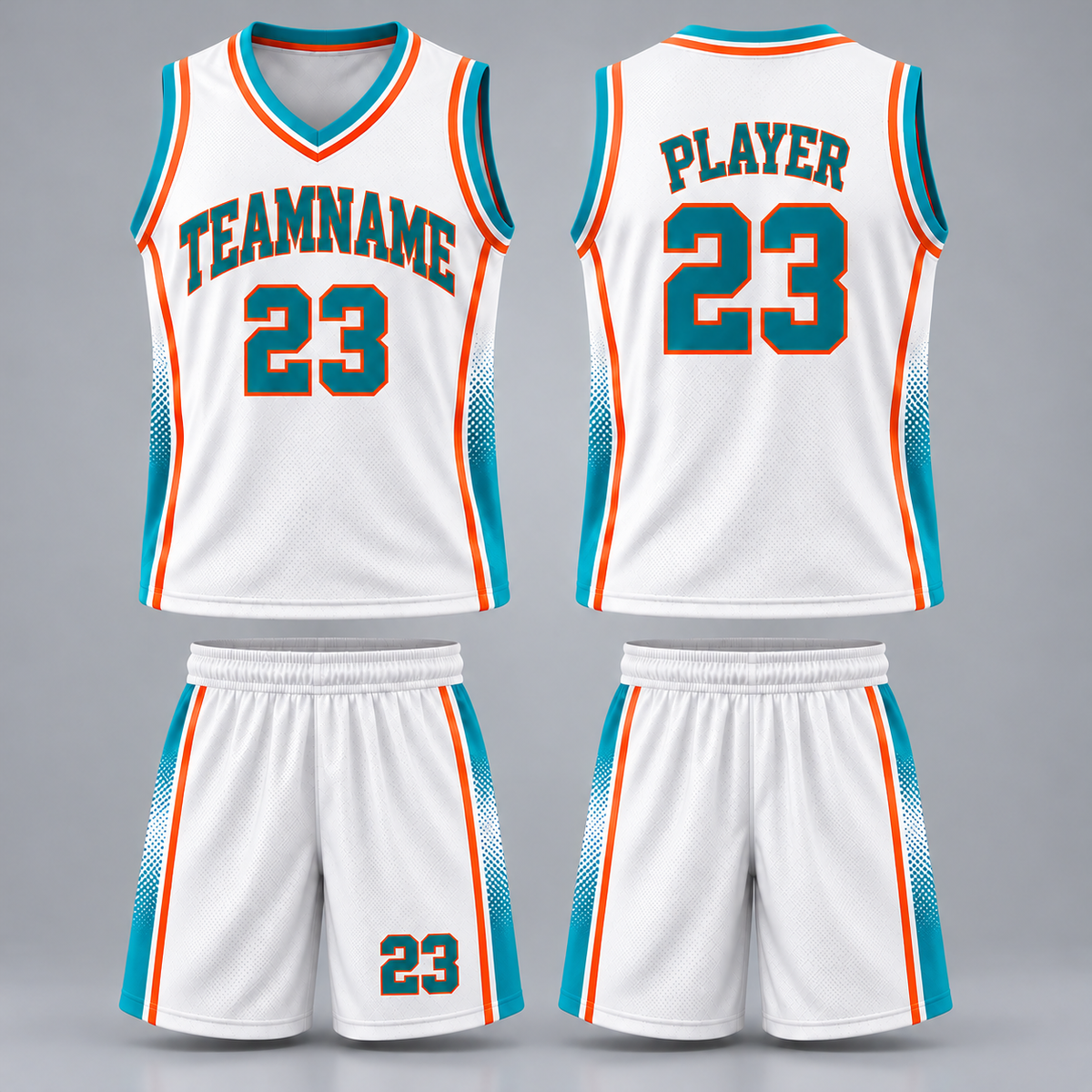 Front and back of a white basketball uniform with aqua and orange trim.