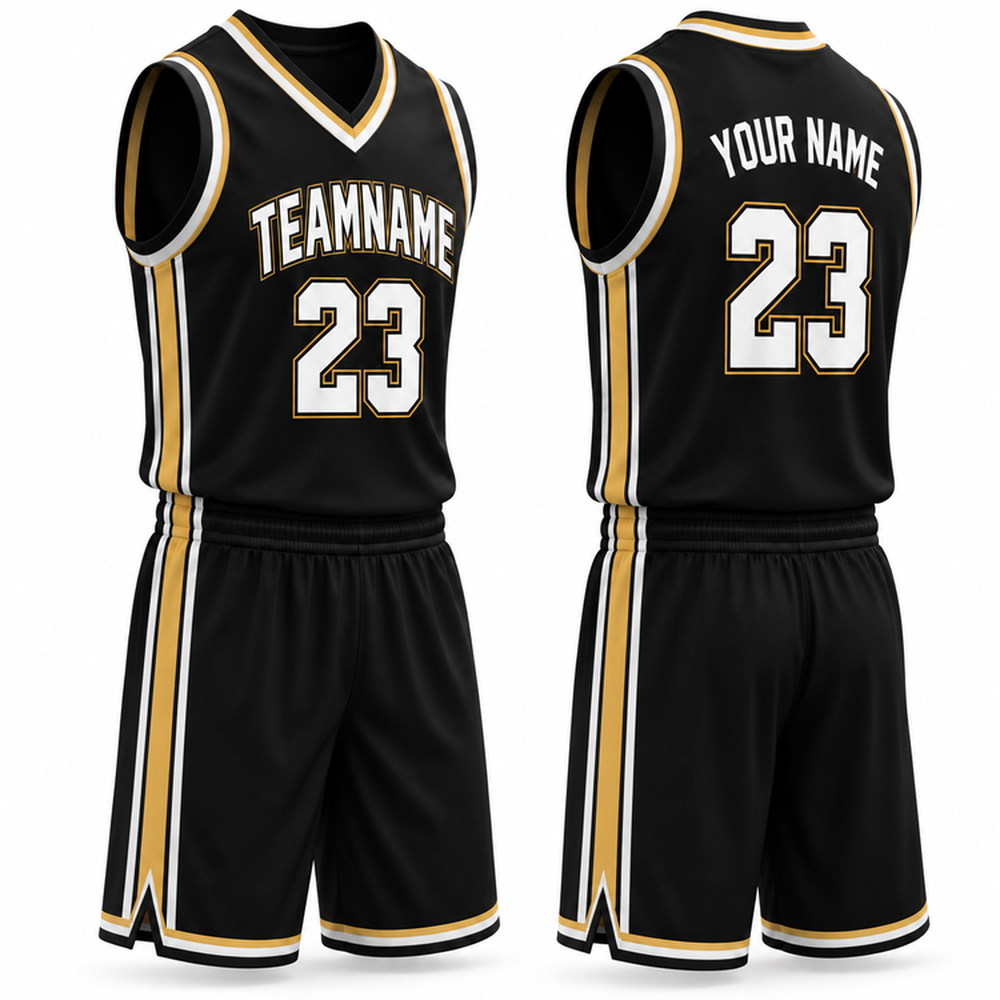 Front and back of a black basketball uniform with gold and white trim.