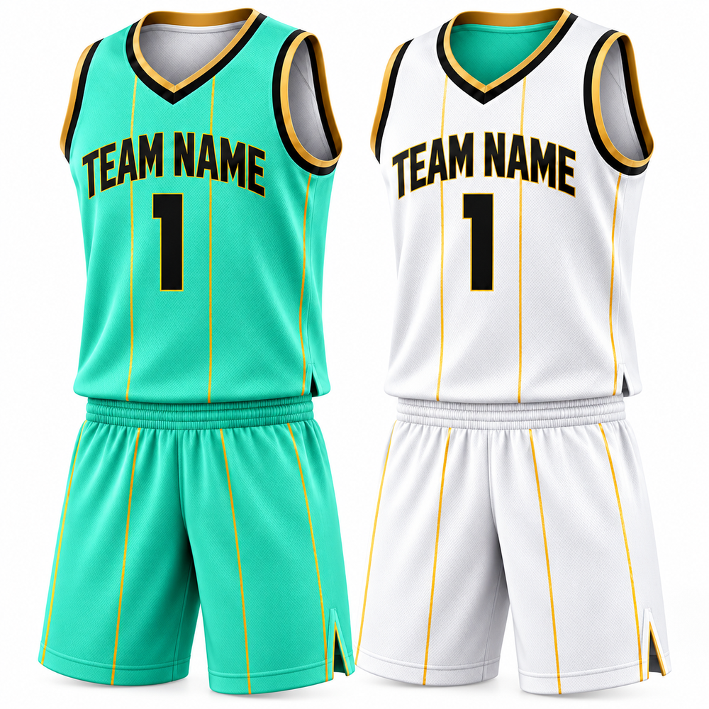Mint green and white basketball uniforms with gold and dark trim, shown in two colorways.