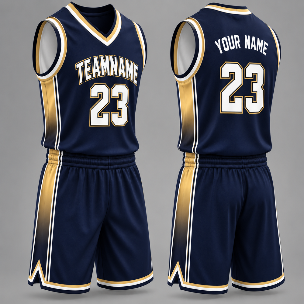 Front and back of a navy basketball uniform with gold and white trim.