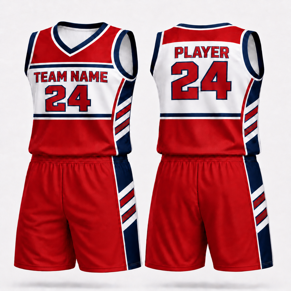 Front and back of a red basketball uniform with white panels and navy striped accents.
