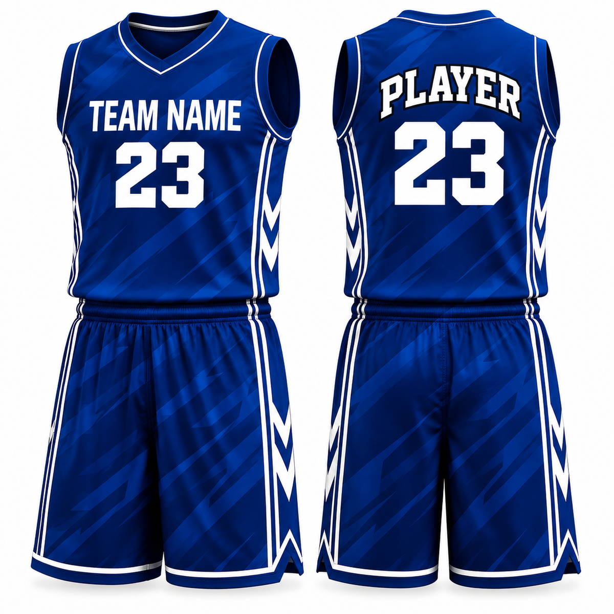 Front and back of a royal blue basketball uniform with diagonal tonal graphics and white trim.