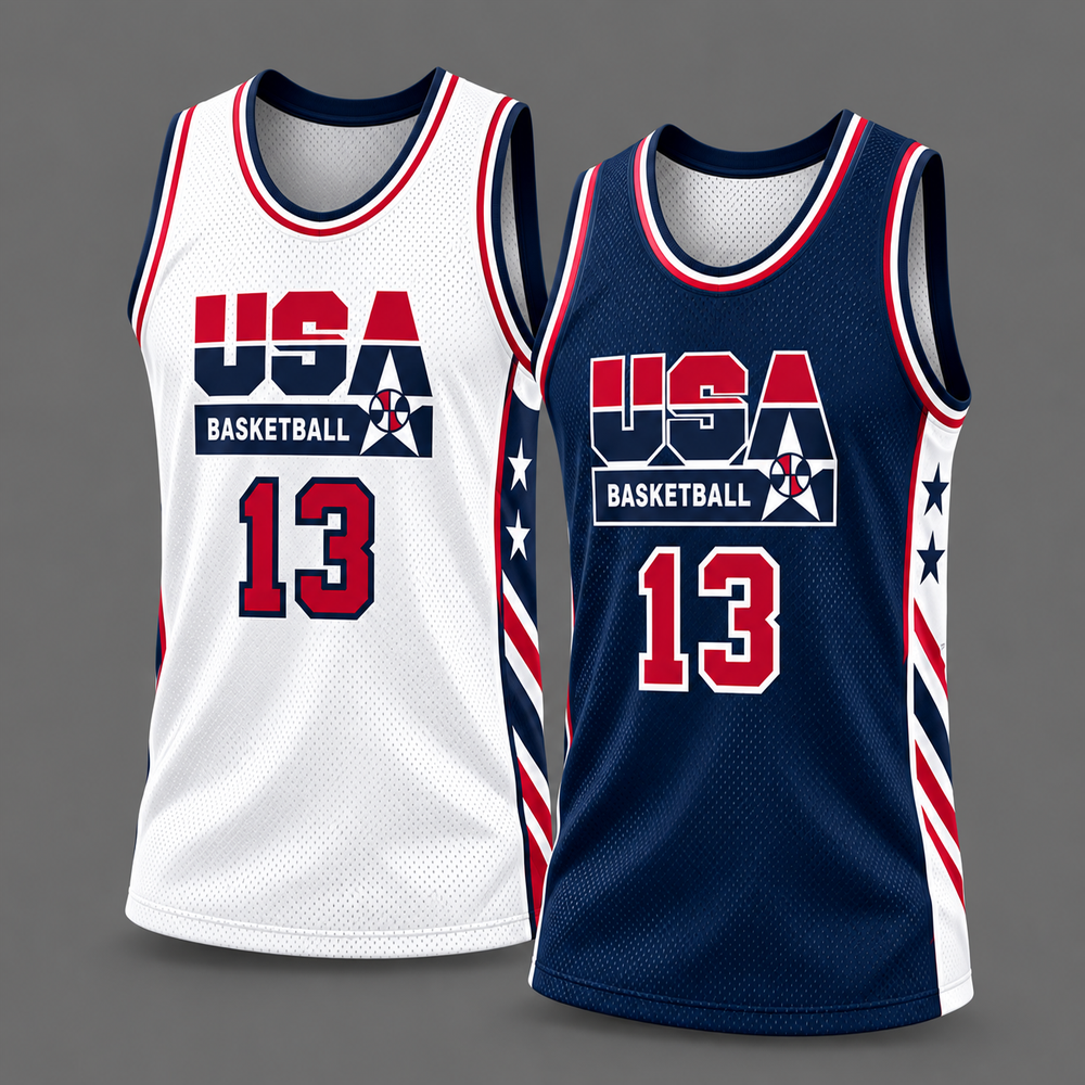 White and navy basketball jerseys with red trim, star accents and USA lettering.
