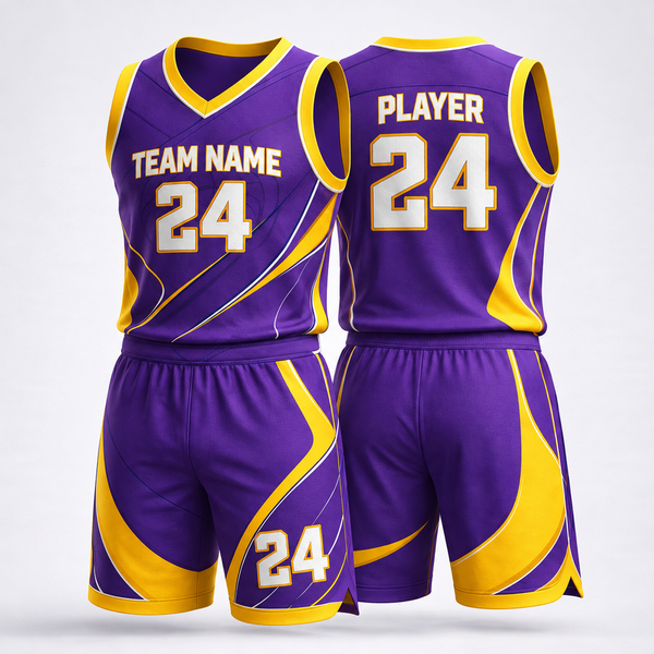 Front and back of a purple basketball uniform with yellow curved side panels and trim.