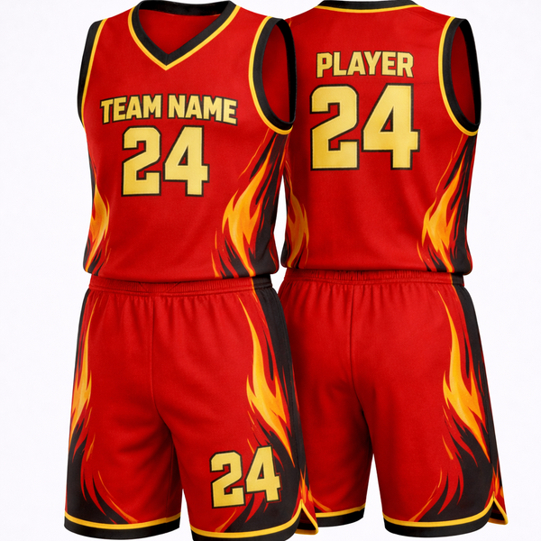 Front and back of a red basketball uniform with black and yellow flame graphics.