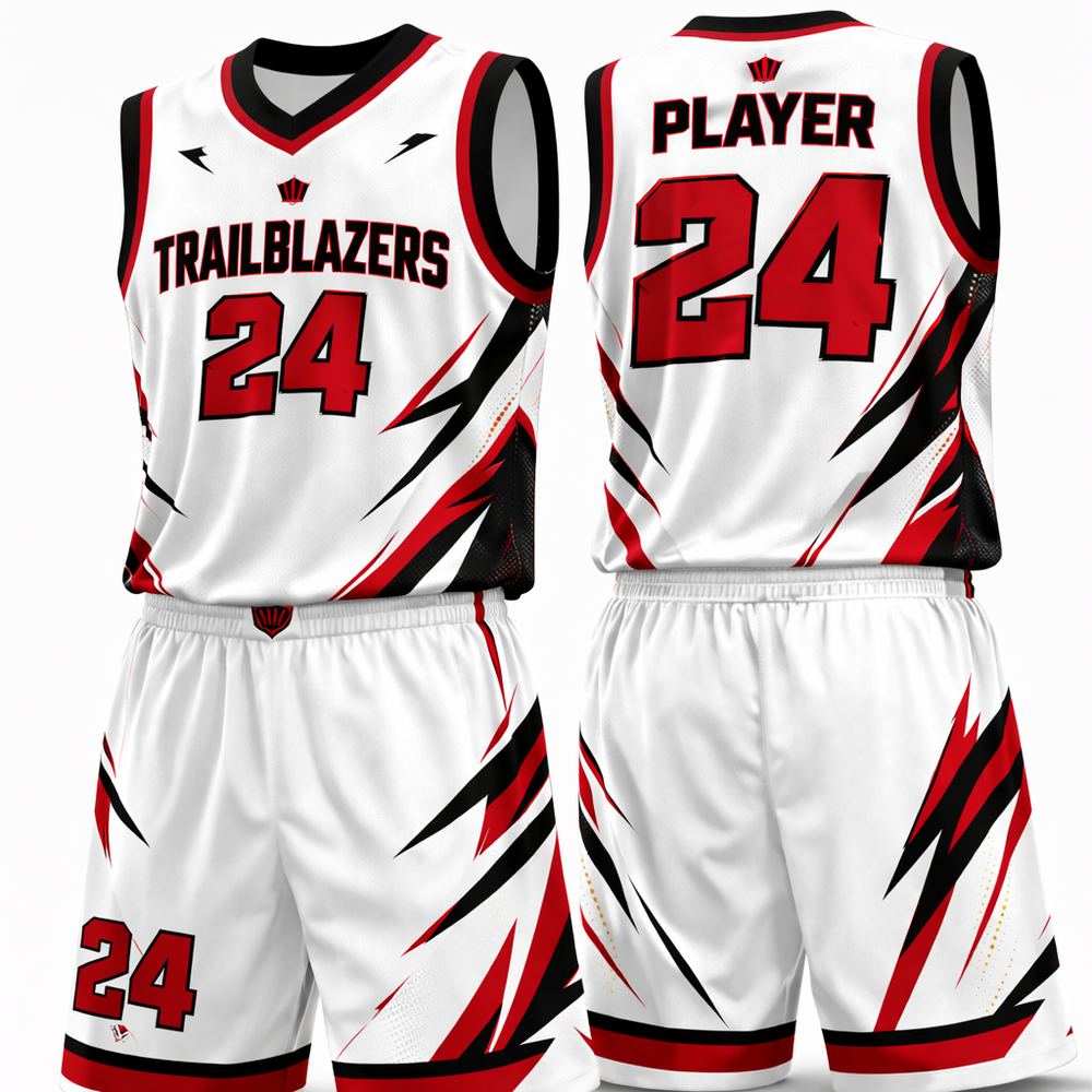 Front and back of a white basketball uniform with angular red and black graphics.
