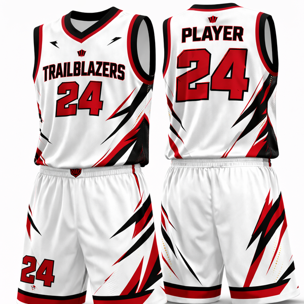 Front and back of a white basketball uniform with angular red and black graphics.