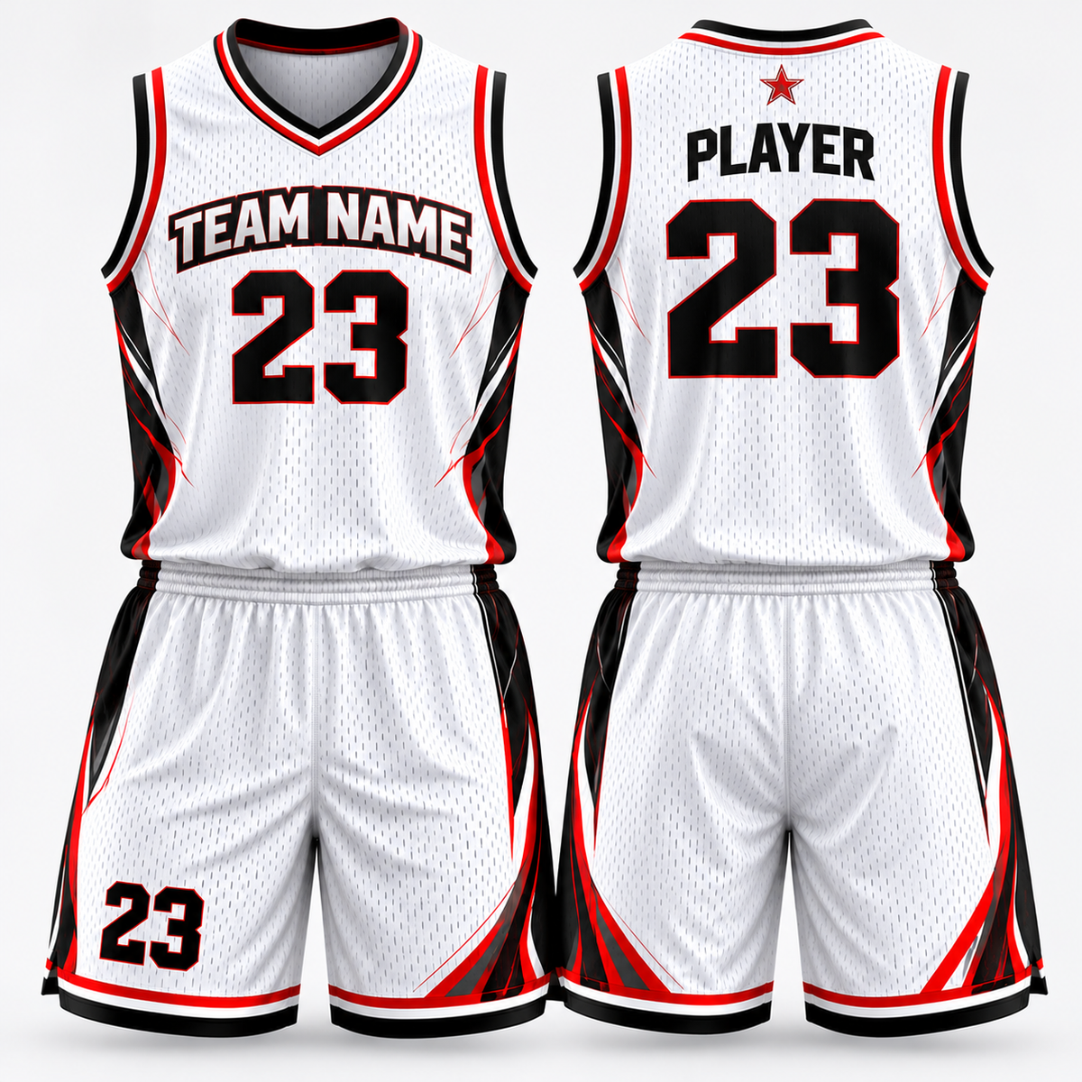 Front and back of a white basketball uniform with red and black trim and a subtle mesh pattern.