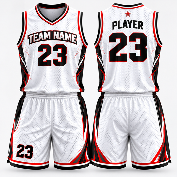 Front and back of a white basketball uniform with red and black trim and a subtle mesh pattern.