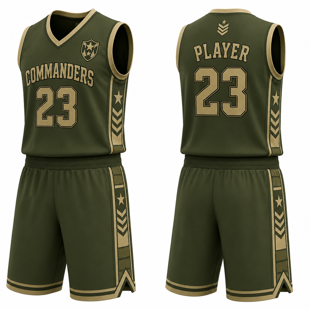 Front and back of an olive green basketball uniform with gold stars, chevrons and trim.