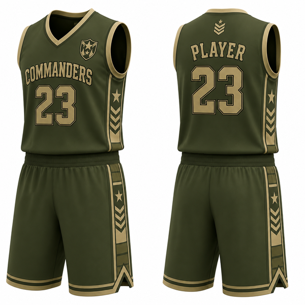 Front and back of an olive green basketball uniform with gold stars, chevrons and trim.