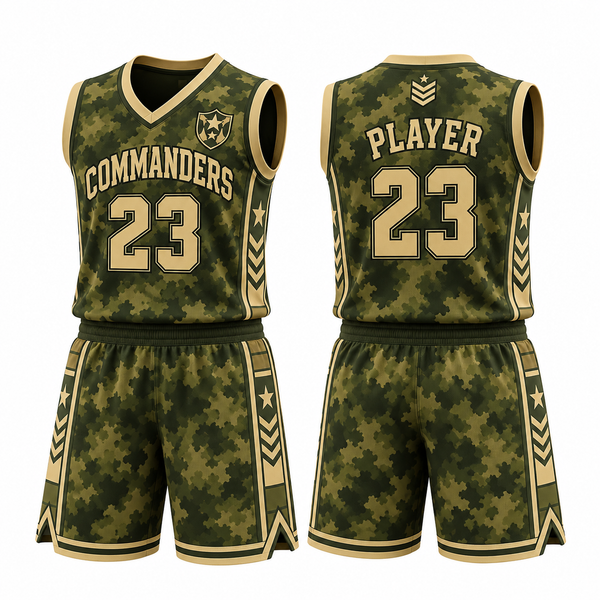 Front and back of a green camouflage basketball uniform with gold stars, chevrons and trim.